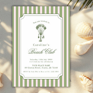 Blush Pink Beach Club Stripes Palm Tree Birthday Invitation
