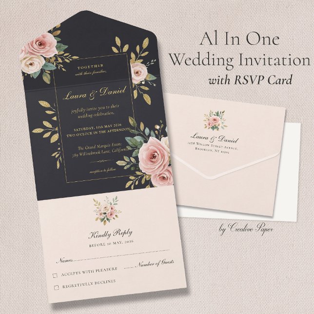 Blush Pink & Black All-In-One Wedding Invitation (Creator Uploaded)