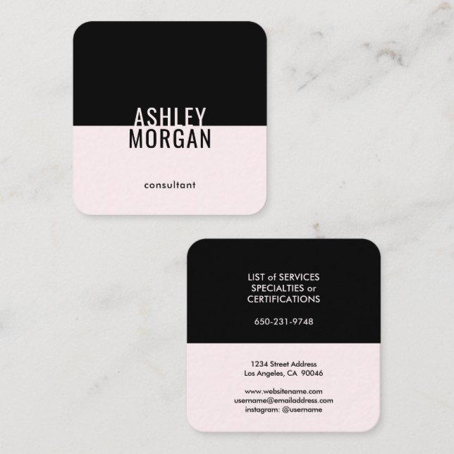 Blush Pink Black Elegant Minimal Modern Chic Plain Square Business Card (Front/Back)