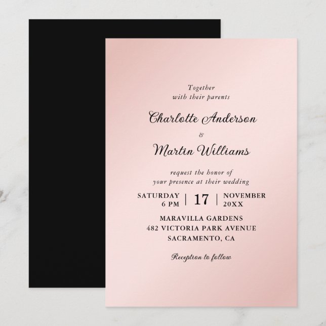Blush Pink Black Elegant Minimalist Wedding Invitation (Front/Back)