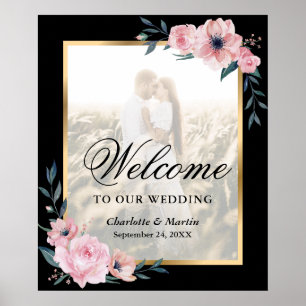 Blush Pink Black Floral Photo Wedding Welcome Sign