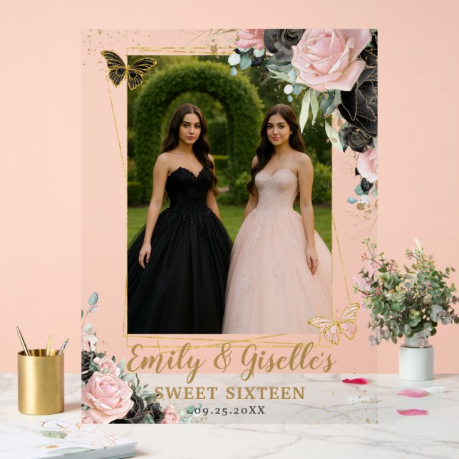 Blush Pink Black Floral Quinceanera Birthday Photo Acrylic Sign (Wedding)