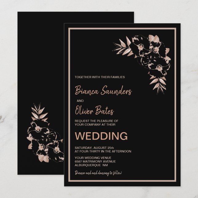 Blush Pink Black Floral Wedding Invitation (Front/Back)