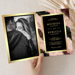 Blush Pink Black Gold Agate Marble QR Code Wedding Invitation