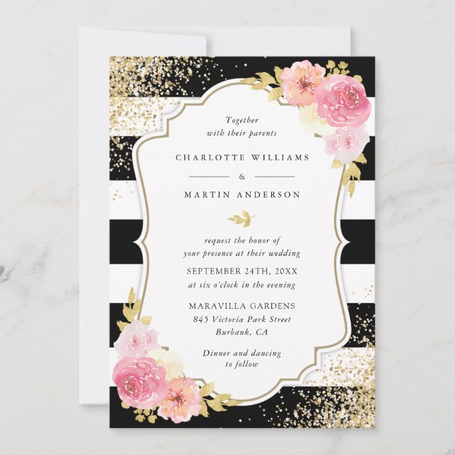 Blush Pink Black Gold Confetti Floral Wedding Invitation (Front)