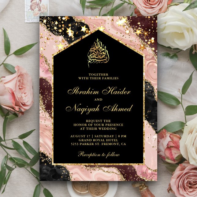 Blush Pink Black Gold Marble Arch Muslim Wedding Invitation (Creator Uploaded)