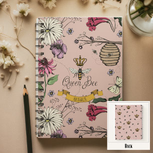 Blush Pink, Black & Gold Queen Bee and Crown Notebook