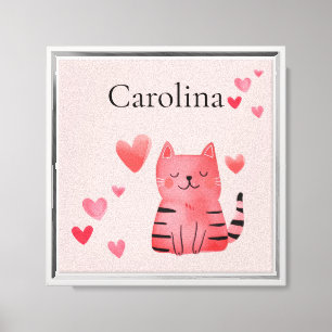 Blush Pink Black Hearts Cute Cat Canvas Print