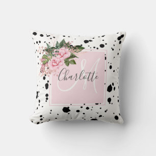 Blush pink black ink splatter floral monogram  throw pillow