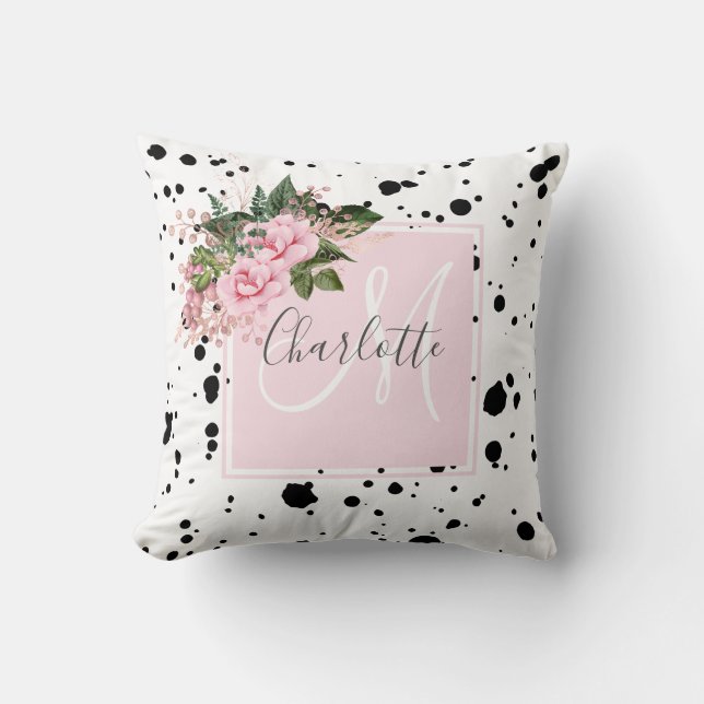 Blush pink black ink splatter floral monogram  throw pillow (Front)