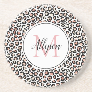 Blush Pink Black Leopard Print Monogram         Coaster