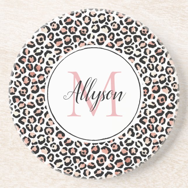 Blush Pink Black Leopard Print Monogram         Coaster (Front)