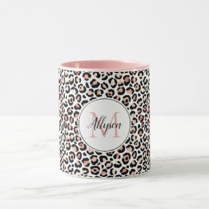 Blush Pink Black Leopard Print Monogram Mug