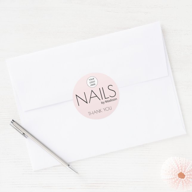 Blush Pink Black Modern Minimal Nails Classic Round Sticker (Envelope)