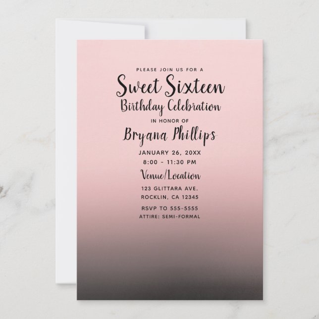 Blush Pink Black Ombre Modern Chic Sweet 16 Party Invitation (Front)