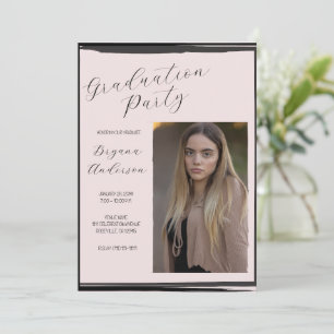 Blush Pink & Black Photo Trendy Graduation Party Invitation