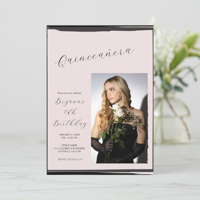Blush Pink & Black Photo Trendy Modern Quinceañera Invitation (Standing Front)