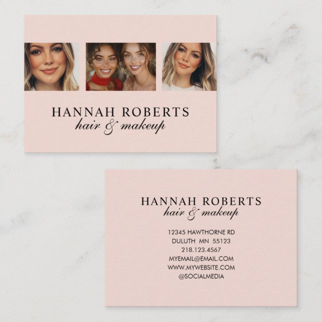 Blush Pink Black Script 3 Photo Hair Makeup Business Card (Front/Back)