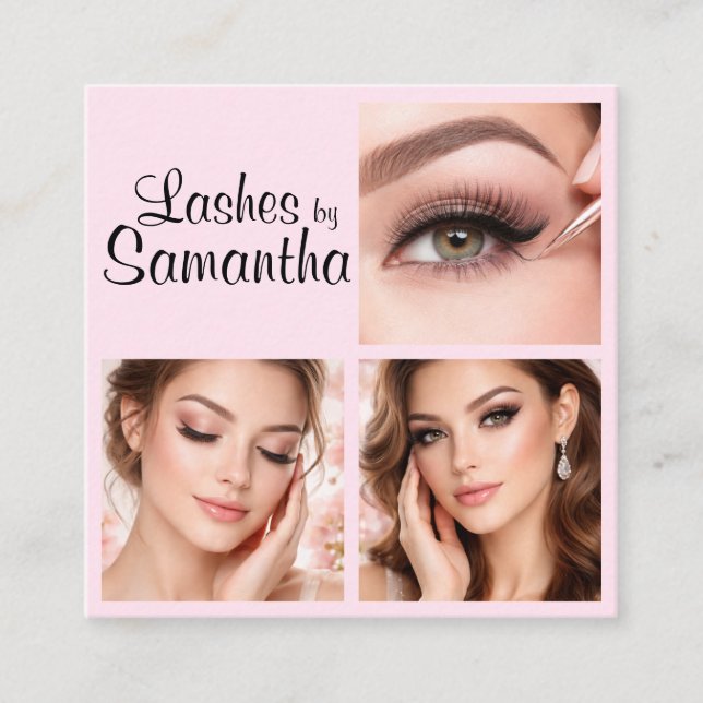 Blush Pink Black Script 3 Photo Logo Makeup Square Business Card (Front)