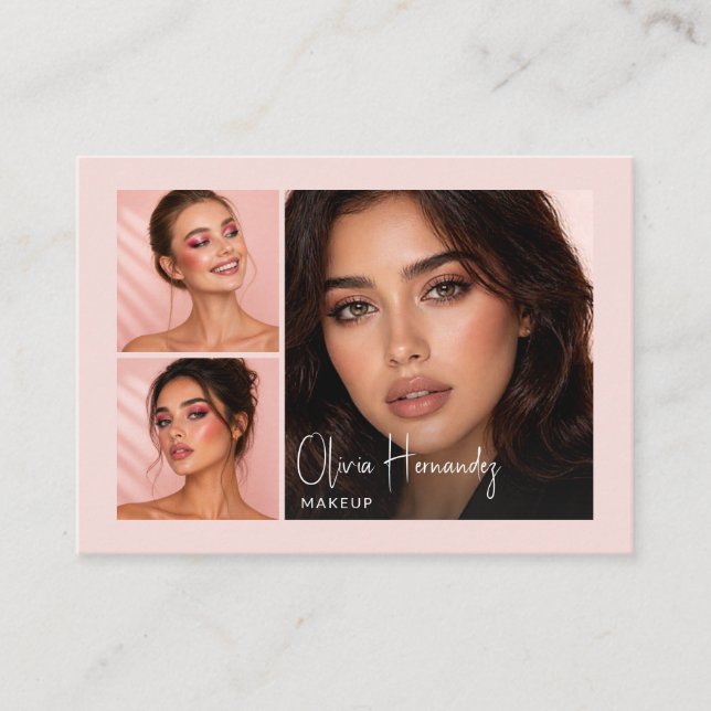 Blush Pink Black Script 3 Photo Makeup  Business C Card (Front)
