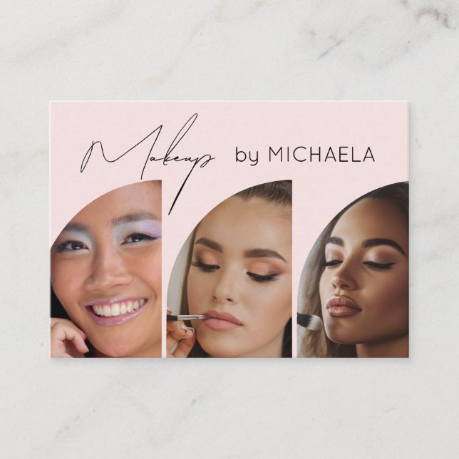 Blush Pink Black Script 3 Photo Makeup Business Card (Front)