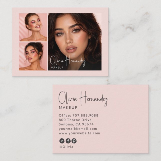 Blush Pink Black Script 3 Photo Makeup  Business Card (Front/Back)