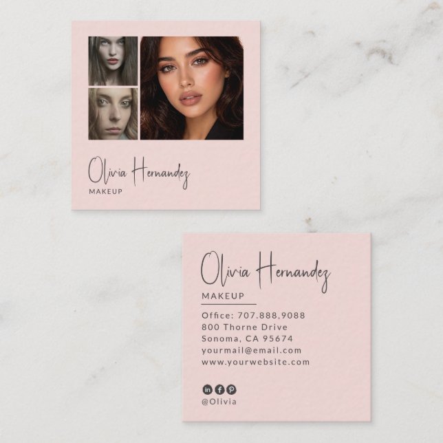 Blush Pink Black Script 3 Photo Makeup  Square Business Card (Front/Back)