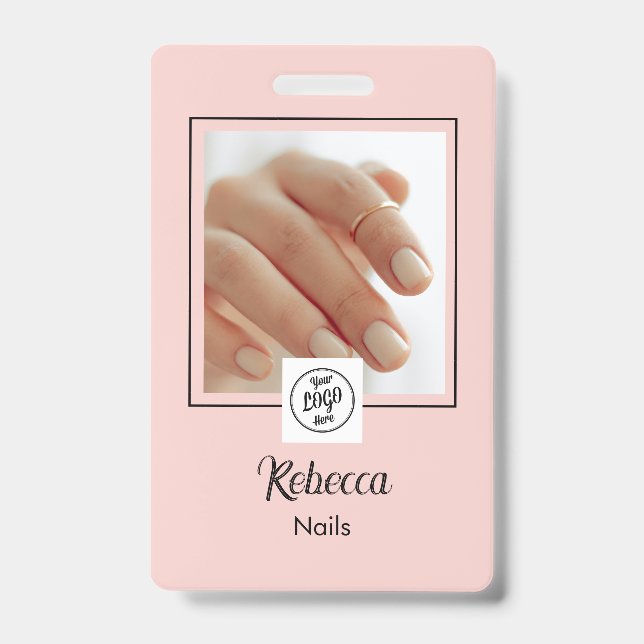 Blush Pink Black Script Logo Nails Photo Badge (Front)