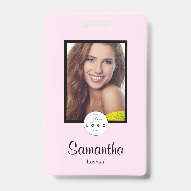 Blush Pink Black Script Logo Photo Makeup Badge (Front)