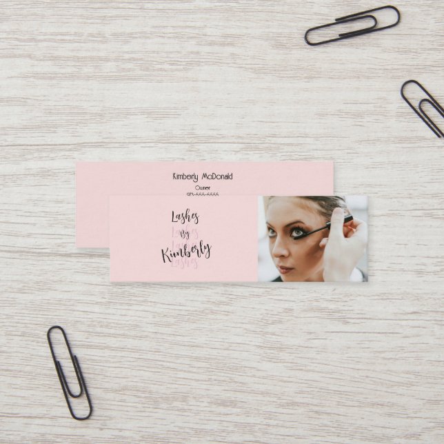 Blush Pink Black Script Photo Lash Studio Mini Business Card (Front/Back In Situ)