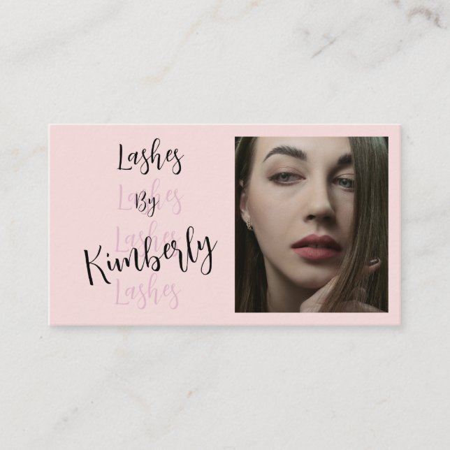 Blush Pink Black Script Photo Lashes Business Card (Front)