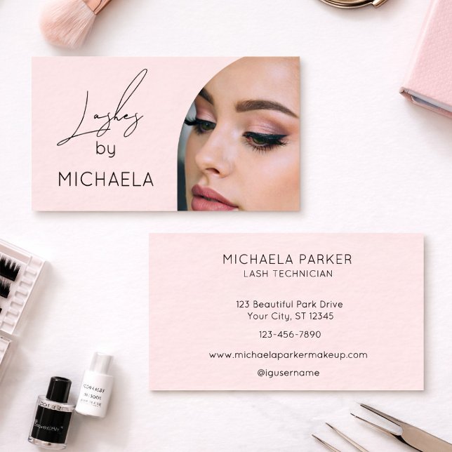 Blush Pink Black Script Photo Lashes Business Card (Creator Uploaded)
