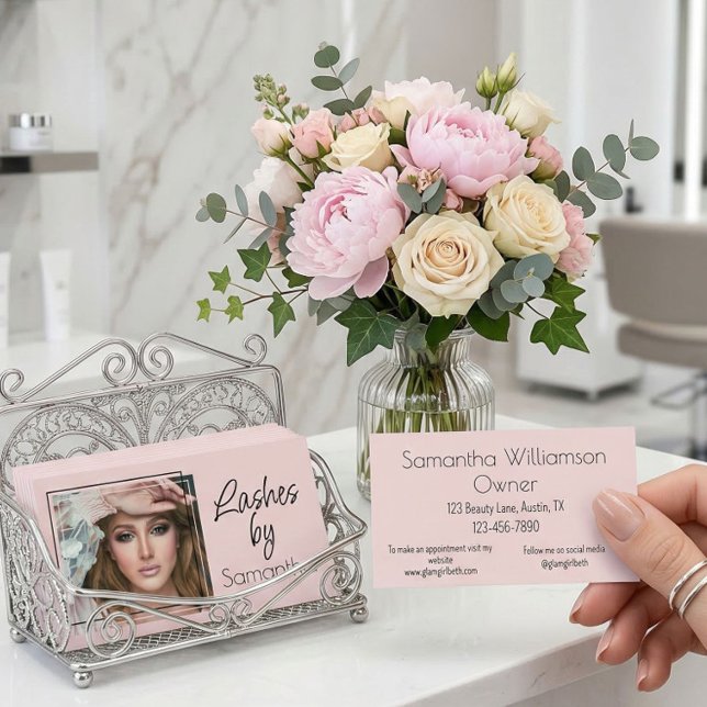 Blush Pink Black Script Photo Lashes Business Card (Creator Uploaded)
