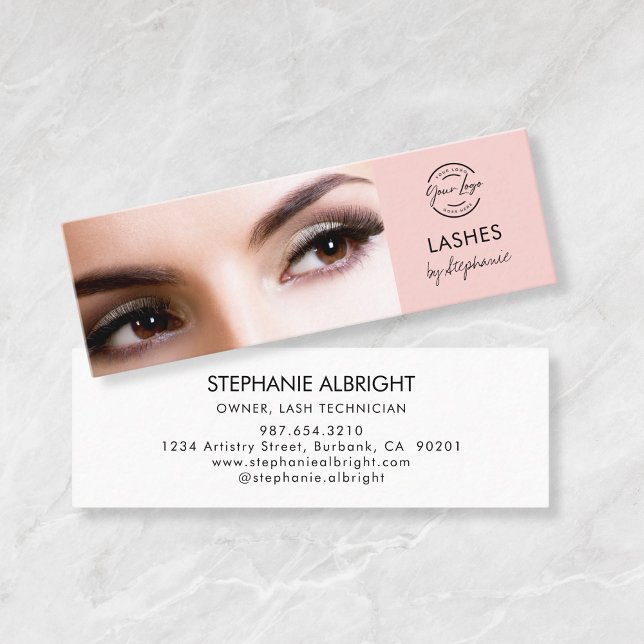 Blush Pink Black Script Photo Lashes Mini Business Card (Creator Uploaded)