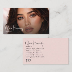 Blush Pink Black Script Photo Makeup Artist Business Card