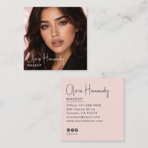 Blush Pink Black Script Photo Makeup Artist Square Business Card