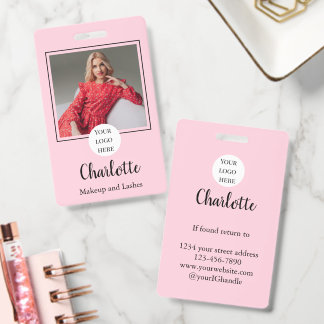 Blush Pink Black Script Photo Makeup Business Badge