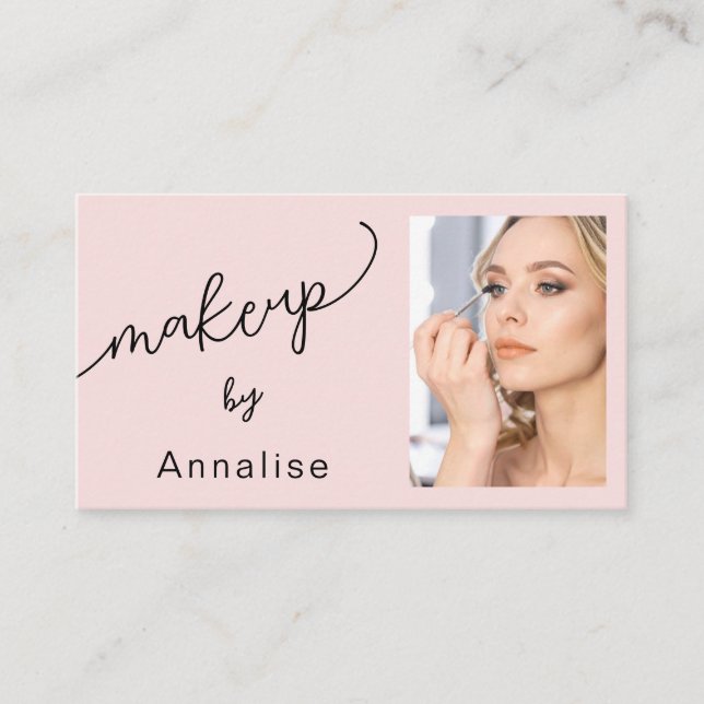 Blush Pink Black Script Photo Makeup Business Card (Front)