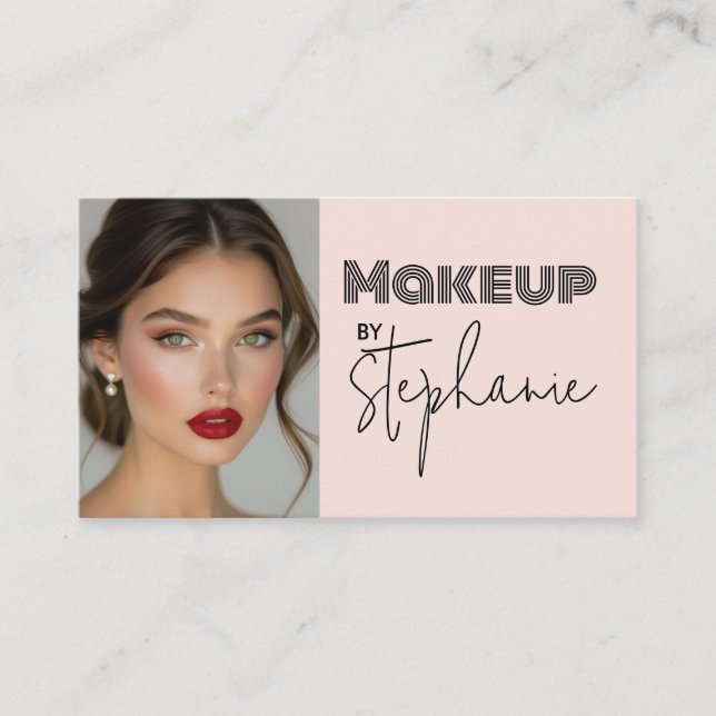 Blush Pink Black Script Photo Makeup Business Card (Front)