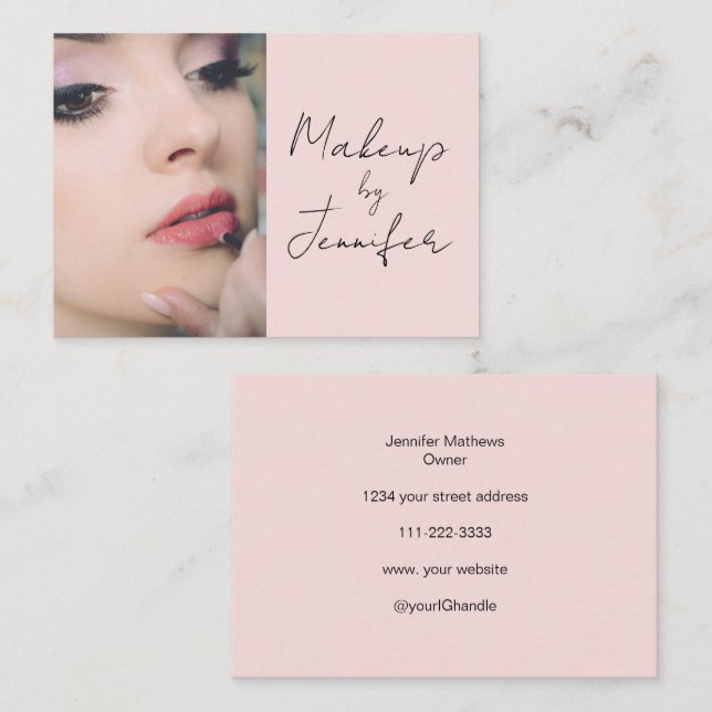 Blush Pink Black Script Photo Makeup Business Card (Front/Back)