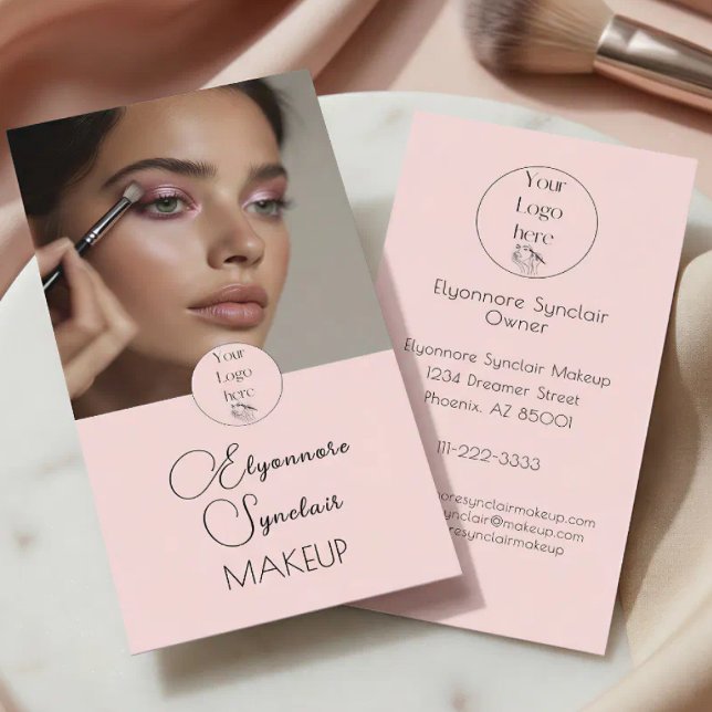 Blush Pink Black Script Photo Makeup  Business Card (Creator Uploaded)