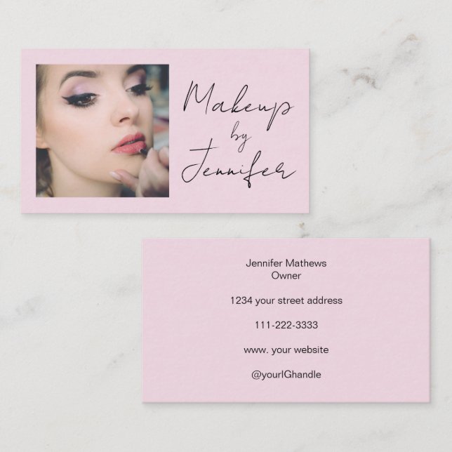 Blush Pink Black Script Photo Makeup Business Card (Front/Back)
