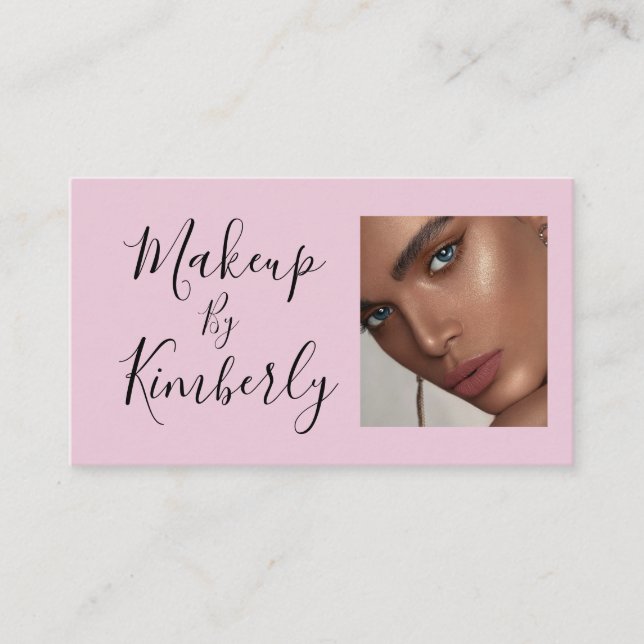Blush Pink Black Script Photo Makeup Business Card (Front)