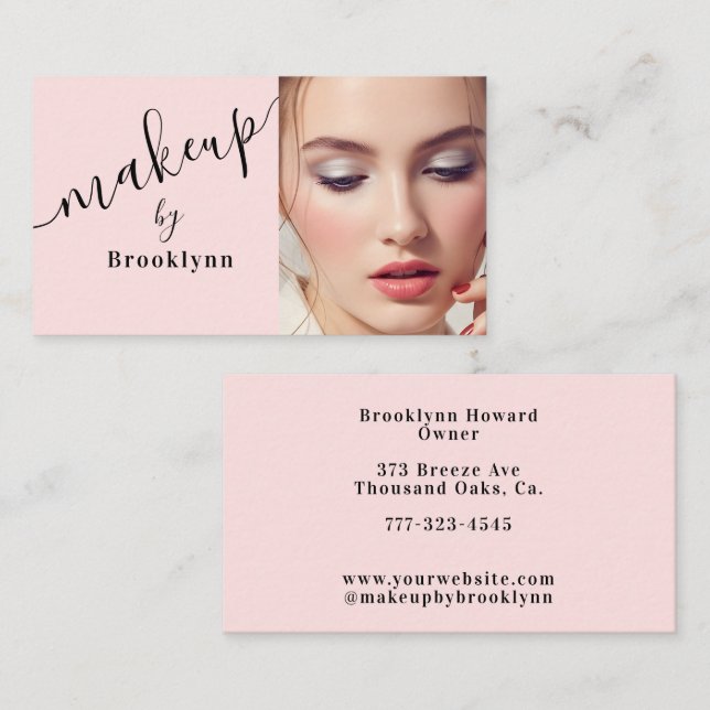 Blush Pink Black Script Photo Makeup Business  Card (Front/Back)
