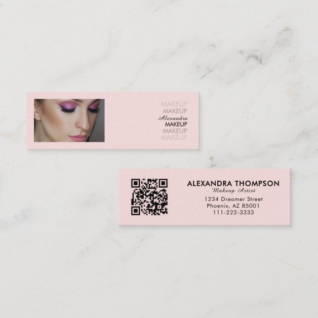 Blush Pink Black Script Photo Makeup  Mini Business Card (Front/Back)