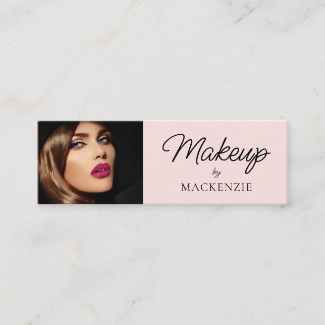 Blush Pink Black Script Photo Makeup  Mini Business Card (Front)