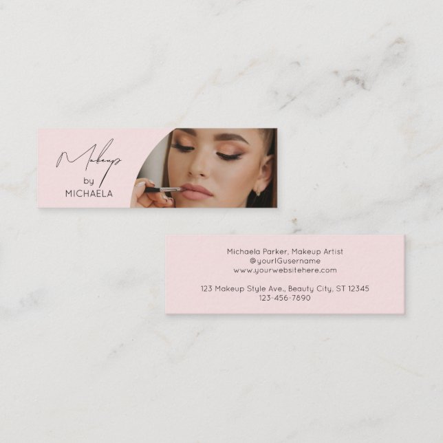 Blush Pink Black Script Photo Makeup Mini Business Card (Front/Back)