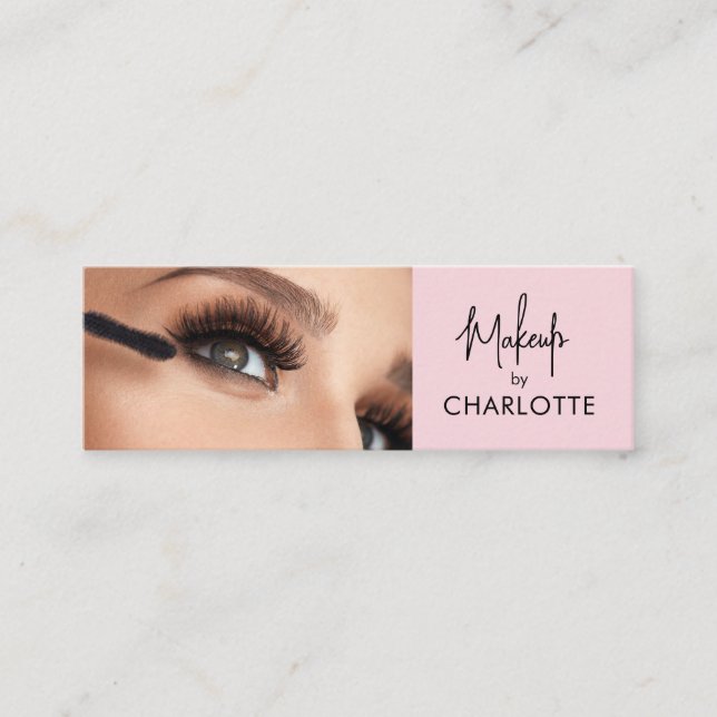 Blush Pink Black Script Photo Makeup  Mini Business Card (Front)