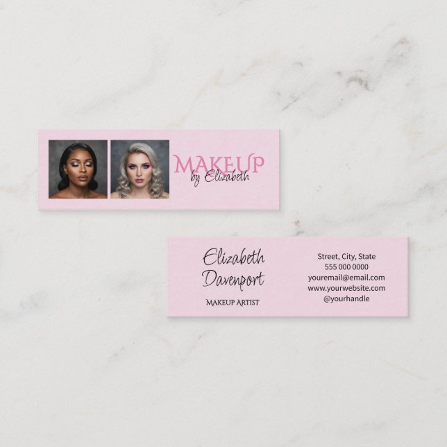 Blush Pink Black Script Photo Makeup Mini Business Card (Front/Back)