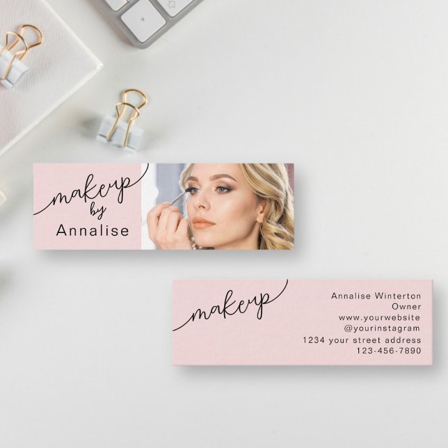 Blush Pink Black Script Photo Makeup Mini Business Card (Creator Uploaded)
